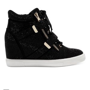 Like New INC Black Crystal high top platform wedge sneakers size 8.5